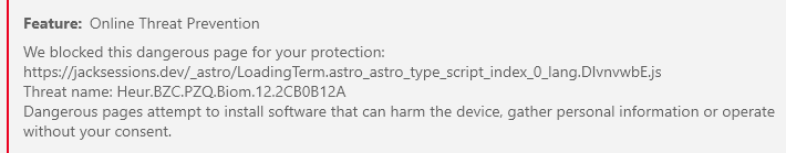 The block page, naming one of my JavaScript files