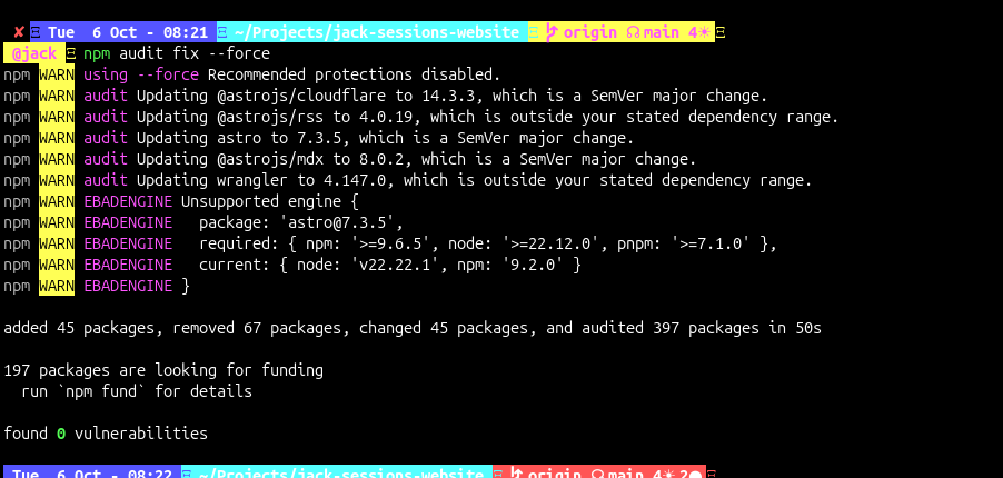 npm audit fix –force warning about major version changes