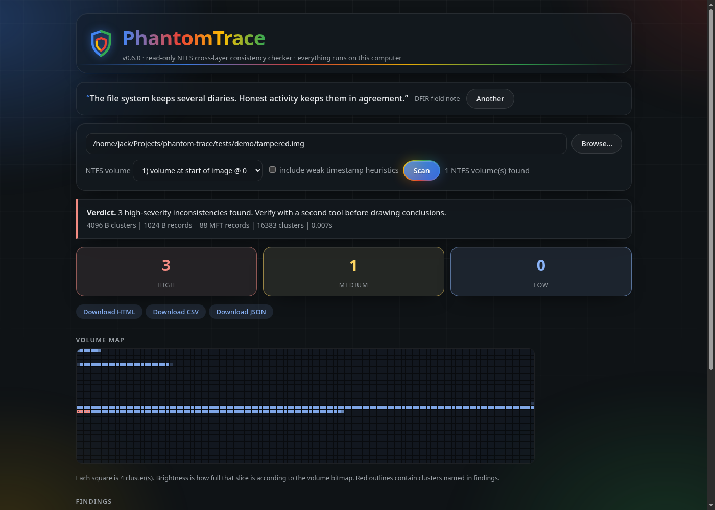 PhantomTrace scanning a tampered demo image